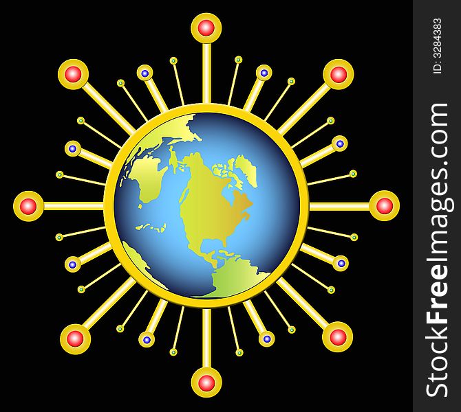 A golden jewellery with the earth in the middle. A golden jewellery with the earth in the middle