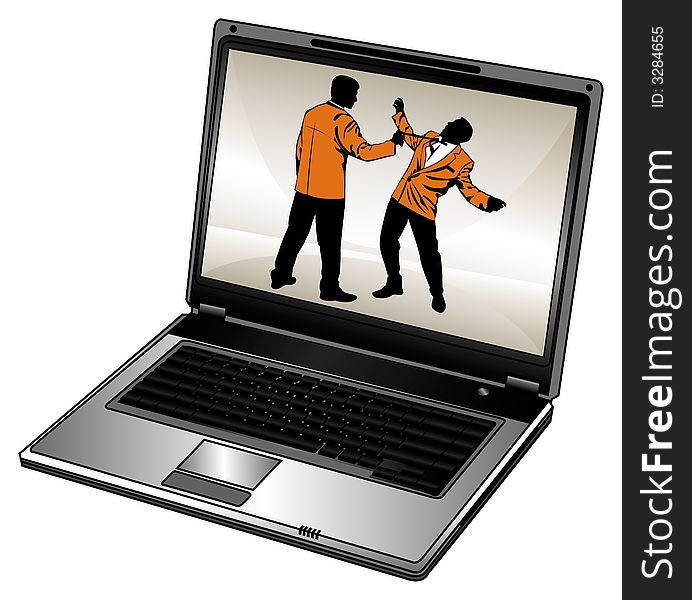 Vector humorous silhouette of businessman and opened laptop. Vector humorous silhouette of businessman and opened laptop