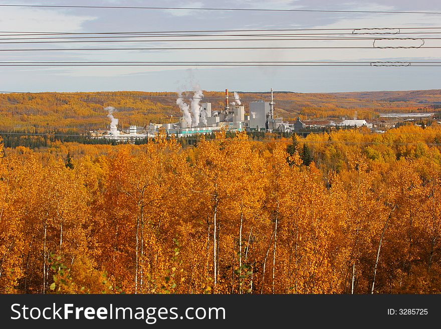 An industrial pulp plant in the beautiful autumn season.  Power transmission lines in the foreground. An industrial pulp plant in the beautiful autumn season.  Power transmission lines in the foreground.