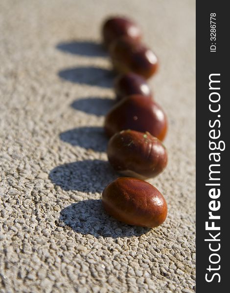 Image of a row of chestnuts and their shadows on a rocky surface.Selective focus. Image of a row of chestnuts and their shadows on a rocky surface.Selective focus.