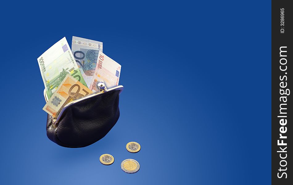 Conceptual illustration. Euro money in black purse. Object on blue background. Conceptual illustration. Euro money in black purse. Object on blue background.