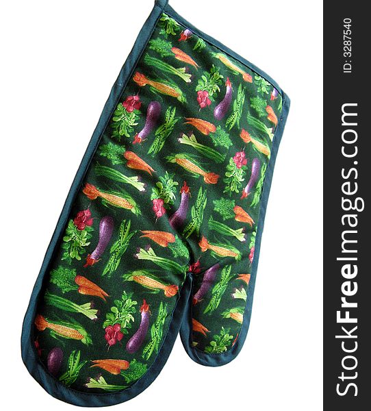 A green kitchen glove for the oven with vegetable design