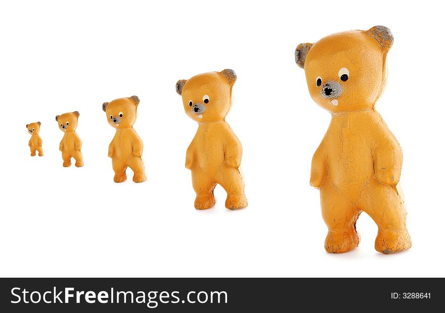 Old rubber bears standing in line. Old rubber bears standing in line