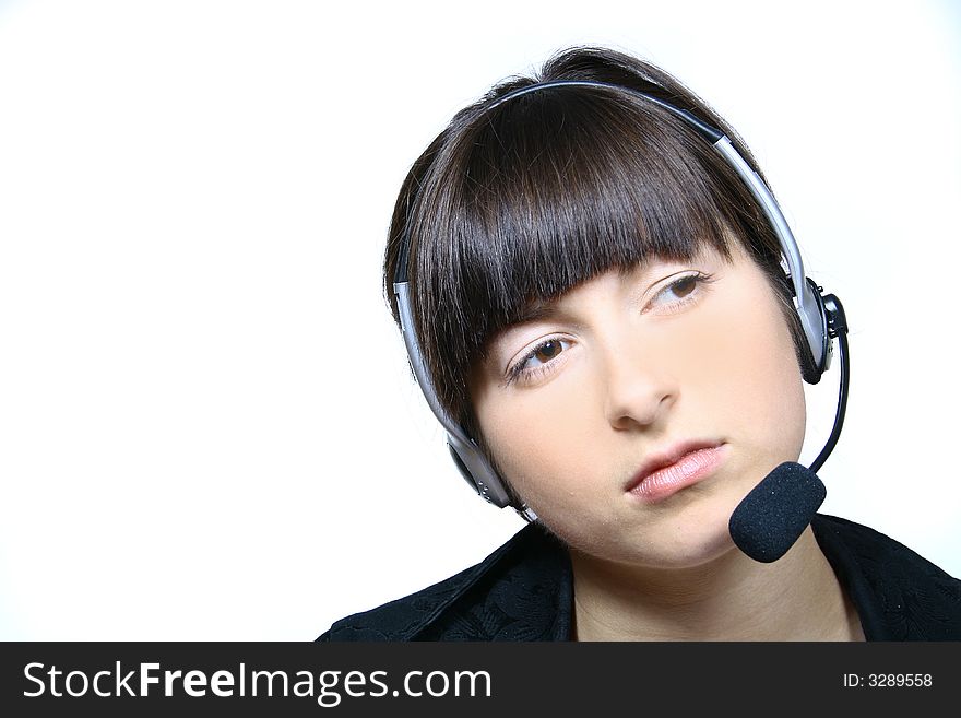 Portrait of beautiful smiling telephone operator with headset