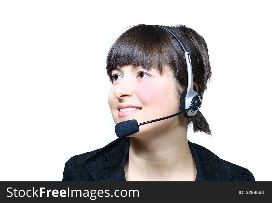 Portrait of beautiful smiling telephone operator with headset