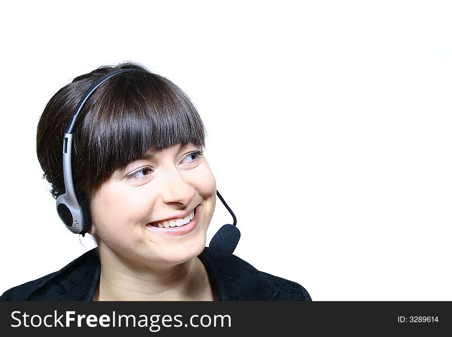 Portrait of beautiful smiling telephone operator with headset