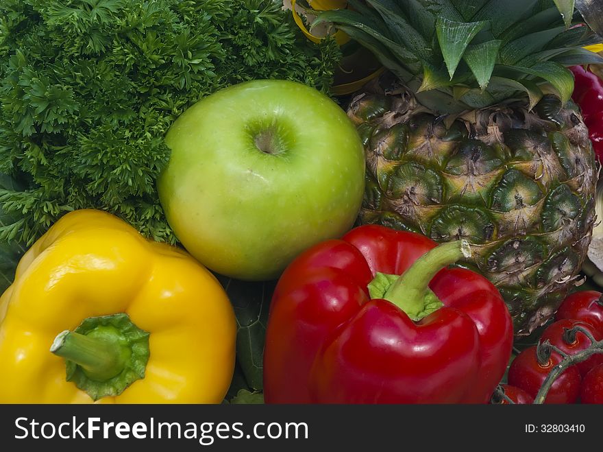The group of fruits and vegetables closeup view. The group of fruits and vegetables closeup view