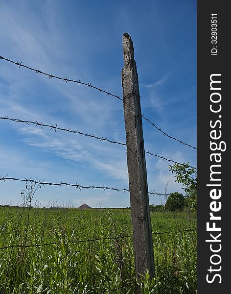 Barbed wire fence against a background of green meadow