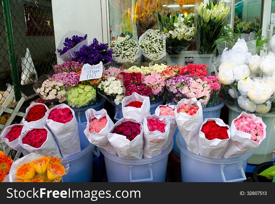 Colorful flowers at the flowermarket in Bangkok ,Thailand