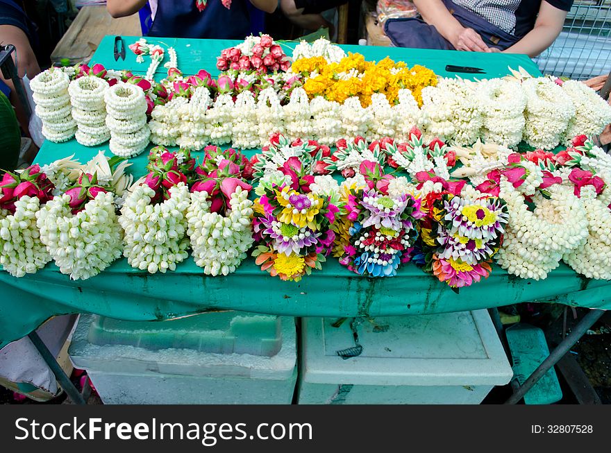 Garland flower for sale at flower market bangkok, Thailand