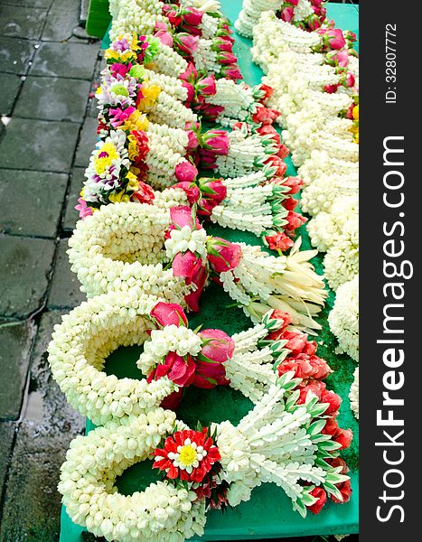 Thai style garland at flower market in Thailand