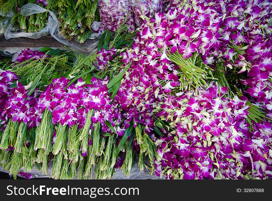 Bouquet of dendrobium pompadour orchids in flower market thailand