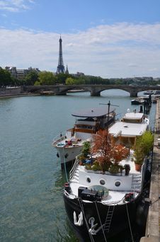 Party Boats Moored On The Seine River With Eiffel Tower In Backg Stock Photography Party Boats Moored On The Seine River With Eiffel Tower In Backg Stock Photography
