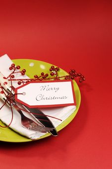 Lime Green And Red Merry Christmas Table Place Setting. Vertical With Copy Space For Your Text Here. Royalty Free Stock Photo Lime Green And Red Merry Christmas Table Place Setting. Vertical With Copy Space For Your Text Here. Royalty Free Stock Photo