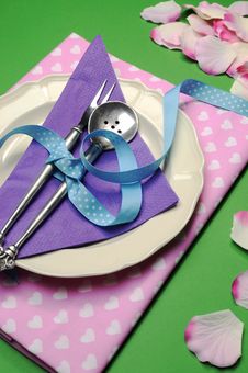 Purple & Pink Hearts Dinner Table Place Setting - Vertical Stock Images Purple & Pink Hearts Dinner Table Place Setting - Vertical Stock Images