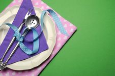 Purple & Pink Hearts Dinner Table Place Setting - With Copy Space. Stock Photo Purple & Pink Hearts Dinner Table Place Setting - With Copy Space. Stock Photo