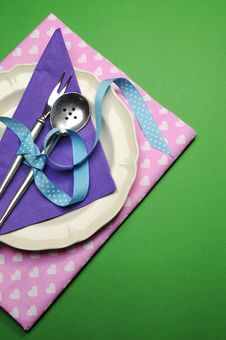 Purple & Pink Hearts Dinner Table Place Setting - Vertical With Copy Space. Stock Image Purple & Pink Hearts Dinner Table Place Setting - Vertical With Copy Space. Stock Image