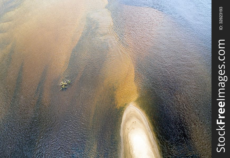 Aerial view of the big river waters with sands shallow. Aerial view of the big river waters with sands shallow