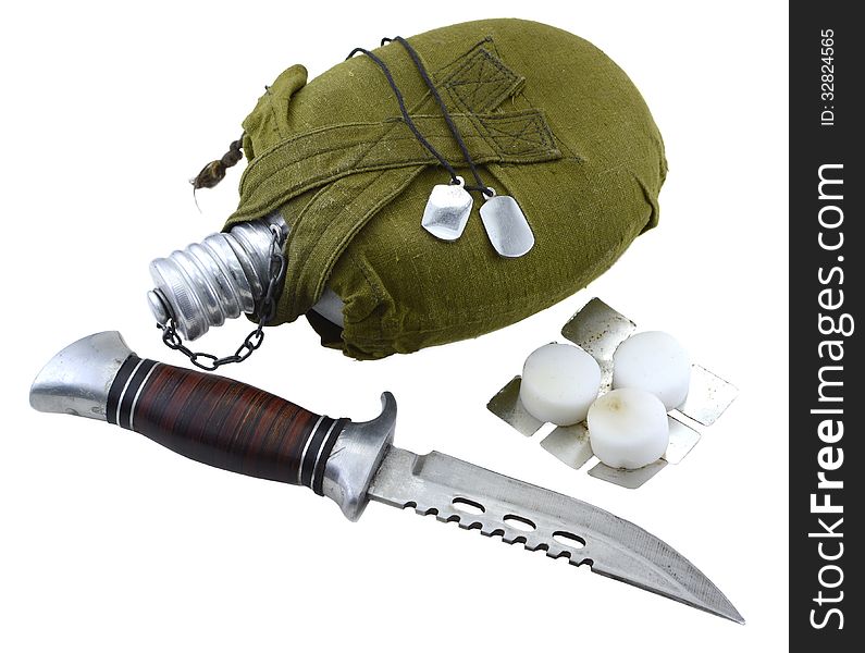 Isolated scout set with flask, knife and medallions. Isolated scout set with flask, knife and medallions