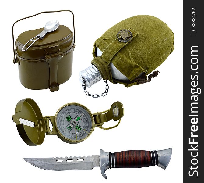 Isolated set of food container, flask, compas and knife. Isolated set of food container, flask, compas and knife