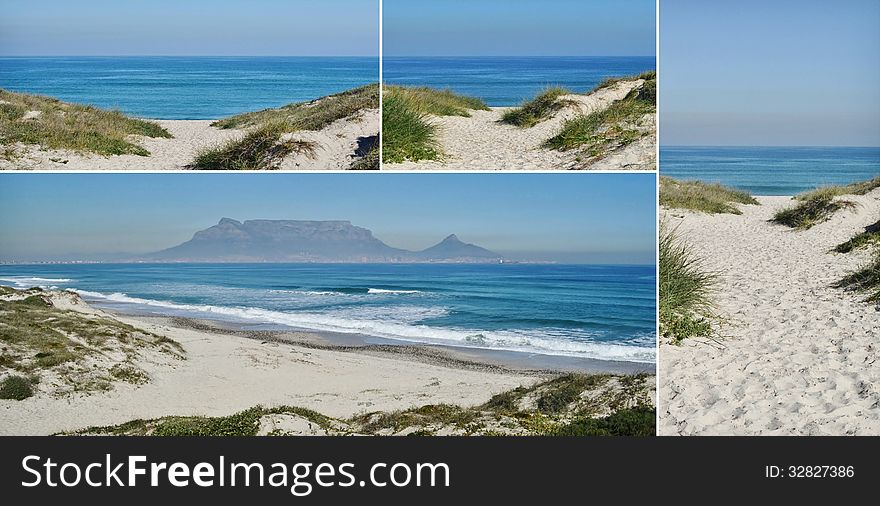 Collage of sand dunes and beach on blue Atlantic Ocean