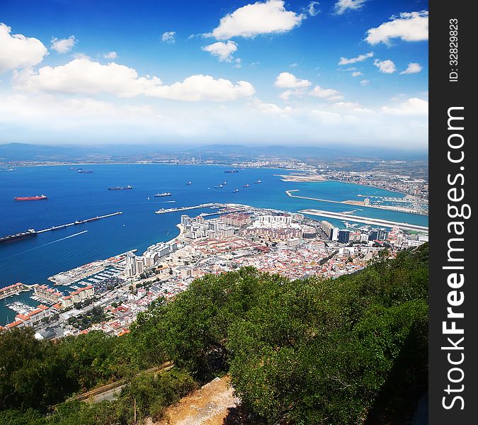 Aerial view of Gibraltar - harbor, airport and sea