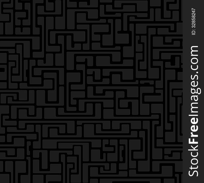 Labyrinth abstract seamless pattern in gray color on black background