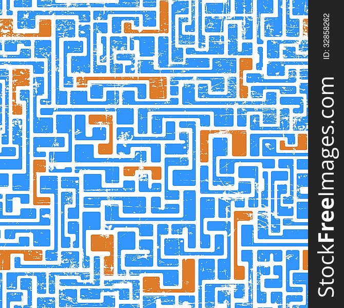 Labyrinth abstract seamless pattern in light blue and orange colors