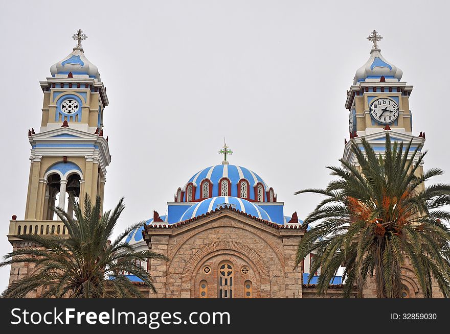 A classical white and blue greek church