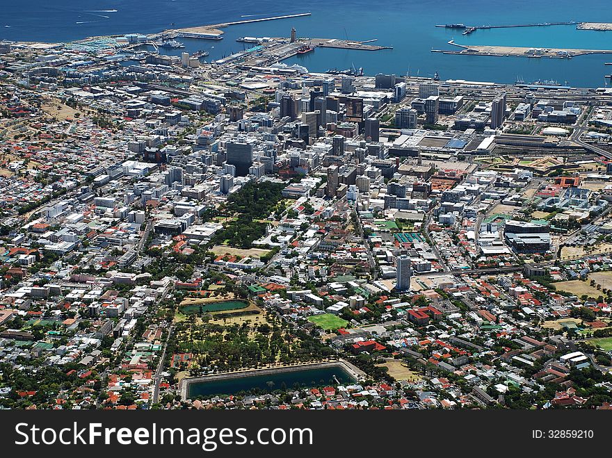 Downtown view from Table Mountain. Cape Town, West