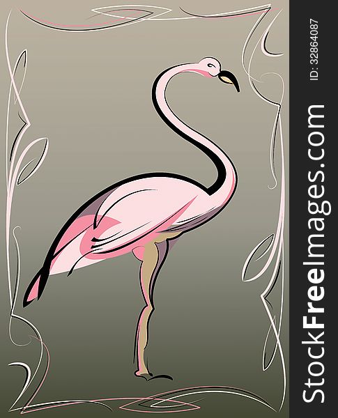 Pink flamingo on gray-green background with abstract pattern