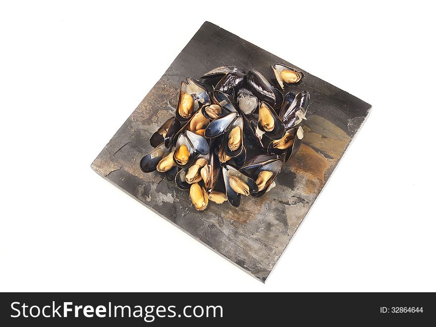 Freshly cooked mussels in white wine sauce