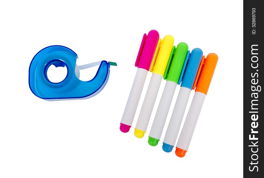 Horizontal shot of clear tape with colorful highlighters and isolated on a white background. Horizontal shot of clear tape with colorful highlighters and isolated on a white background.