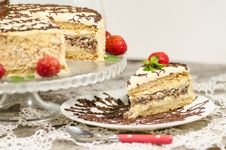 Homemade Nutty Cake With Strawberries And Slice Of Cake Stock Photo