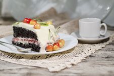 Slice Of Bird-cherry Flour Cake With Cherries, Strawberries And Cup Of Coffee Royalty Free Stock Photo Slice Of Bird-cherry Flour Cake With Cherries, Strawberries And Cup Of Coffee Royalty Free Stock Photo