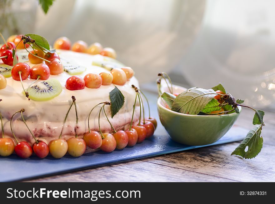 Bird-cherry Flour Cake With Cherries, Strawberries And Kiwi