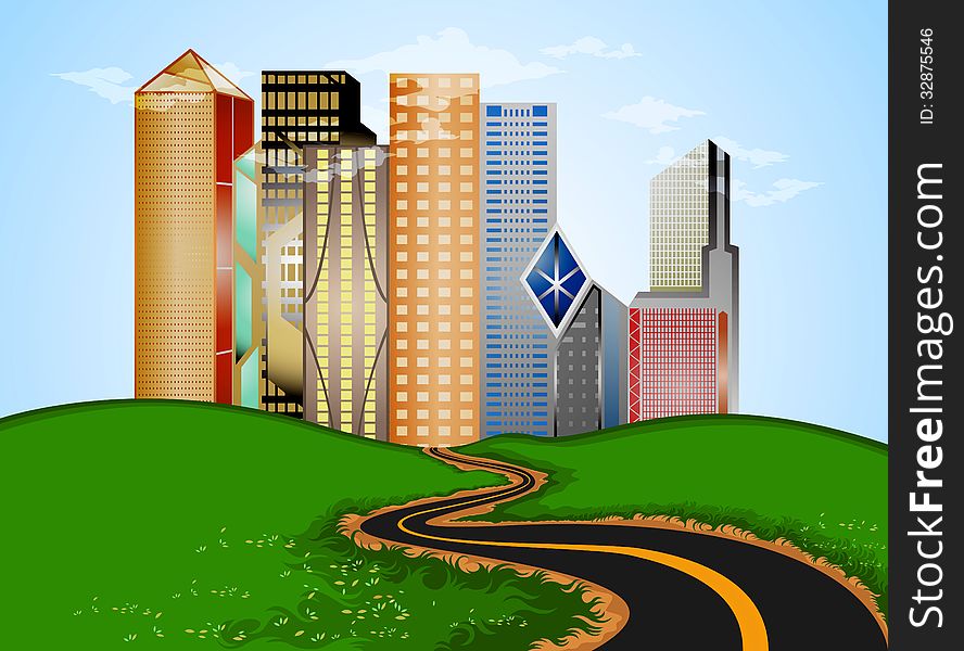 Illustration road into city landscape background