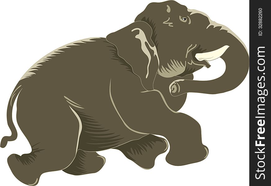 The illustration shows a elephant, which runs. Isolated on a white background, done in cartoon style.