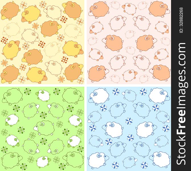 The illustration shows two patterns with lambs. Variants in a different of colors for childrens products. Done in a cartoon style, on separate layers. The illustration shows two patterns with lambs. Variants in a different of colors for childrens products. Done in a cartoon style, on separate layers.