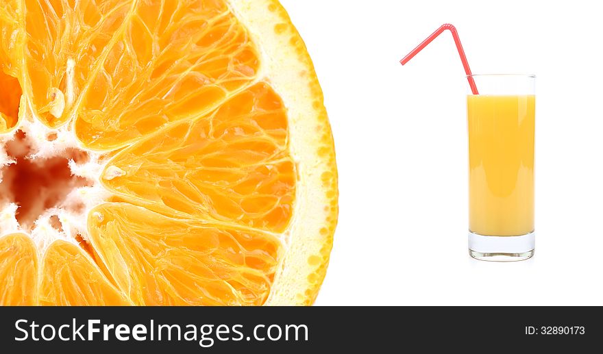 Slice of fresh orange and juice. White background