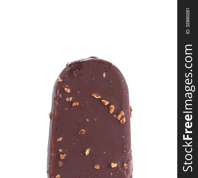 Top chocolate-coated blocks of ice cream on stick. White background.