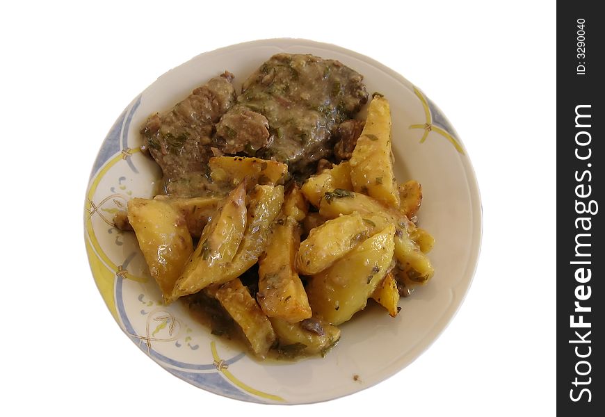 Beef with potatoes on a white plate. Beef with potatoes on a white plate