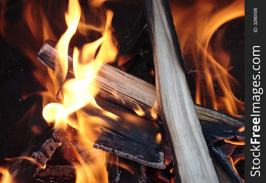 Logs burning in a camp fire.