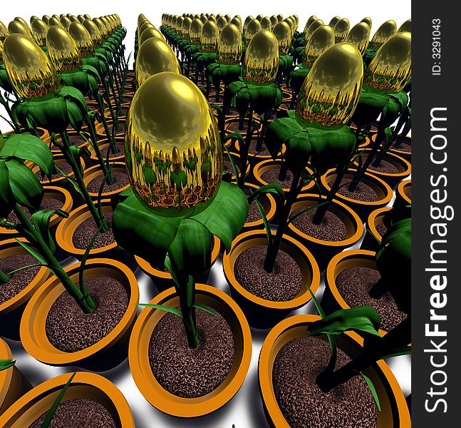 Computer-generated 3D illustration depicting a golden egg plant (concept: wealth). Computer-generated 3D illustration depicting a golden egg plant (concept: wealth)