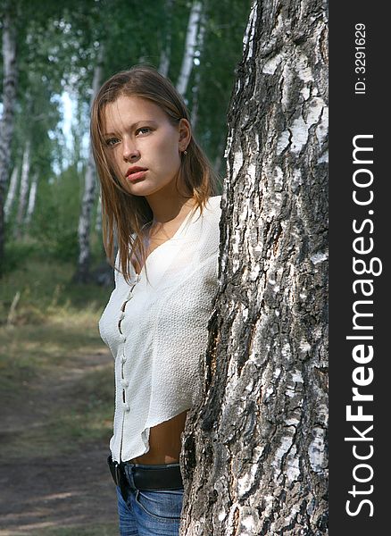 The beautiful girl near a birch on a background of a wood. The beautiful girl near a birch on a background of a wood.