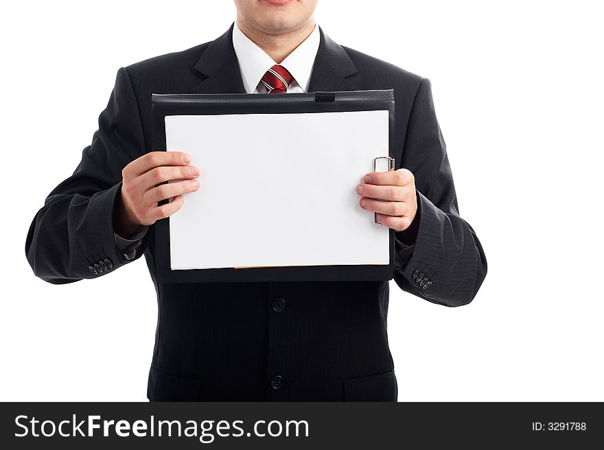 Businessman holding a blank paper on clipboard - isolated on white. Businessman holding a blank paper on clipboard - isolated on white