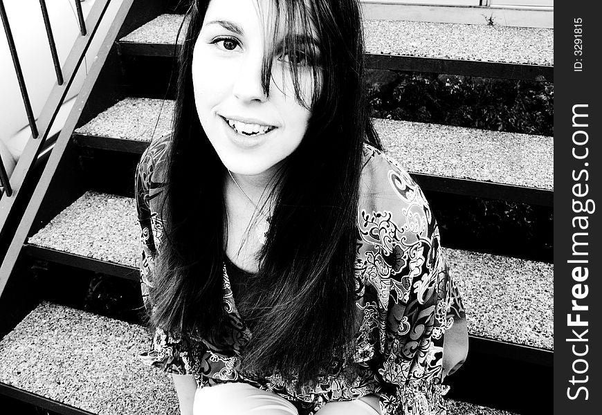 Girl Sitting On Stairs BW 2