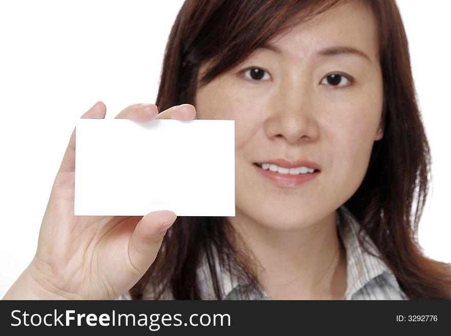 Business Card And Hand In Focus, Attractive Woman In Background