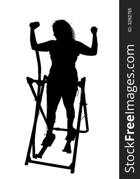 Silhouette over white with clipping path. Woman on exercise machine with handweights. Silhouette over white with clipping path. Woman on exercise machine with handweights.