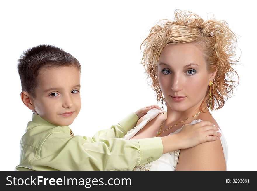 Mother and son happy together, isolated on white. Mother and son happy together, isolated on white